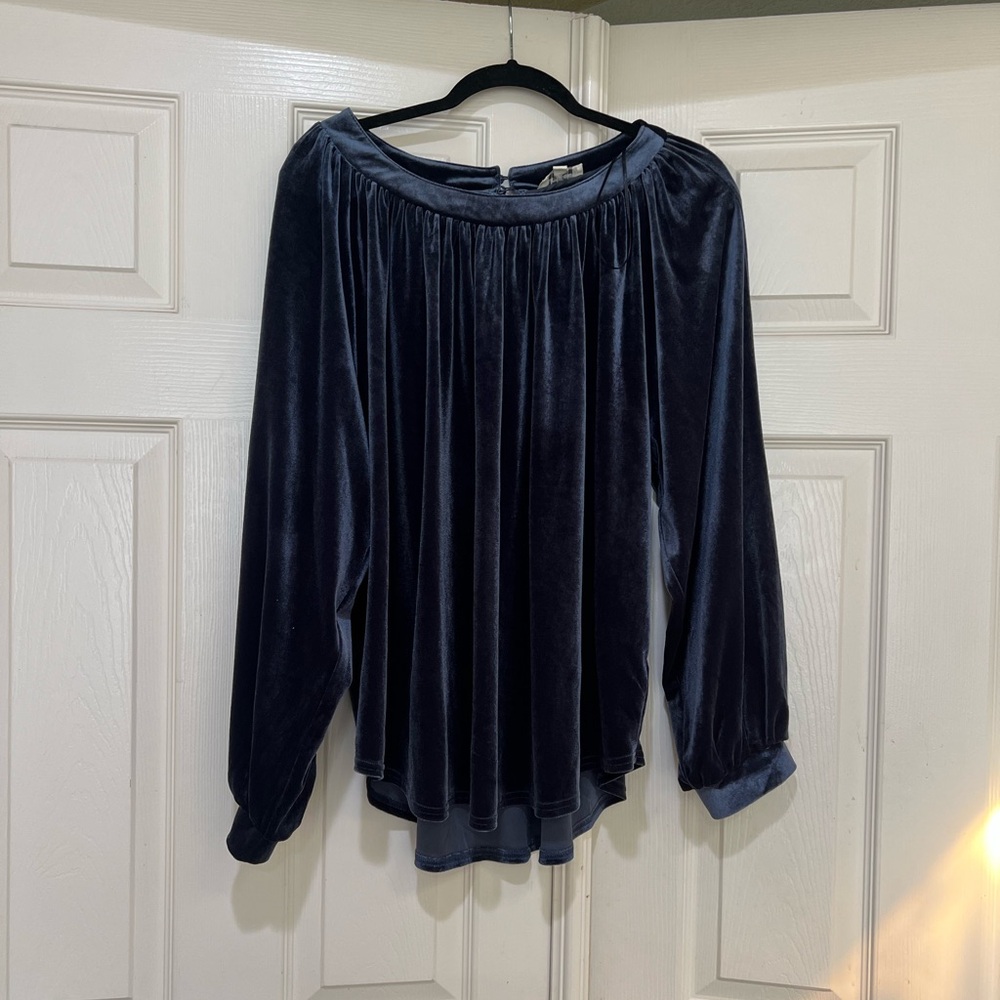 Umgee Velvet Navy Blue Blouse Peasant Drape Lagenlook Boho Hipster Flowy Large